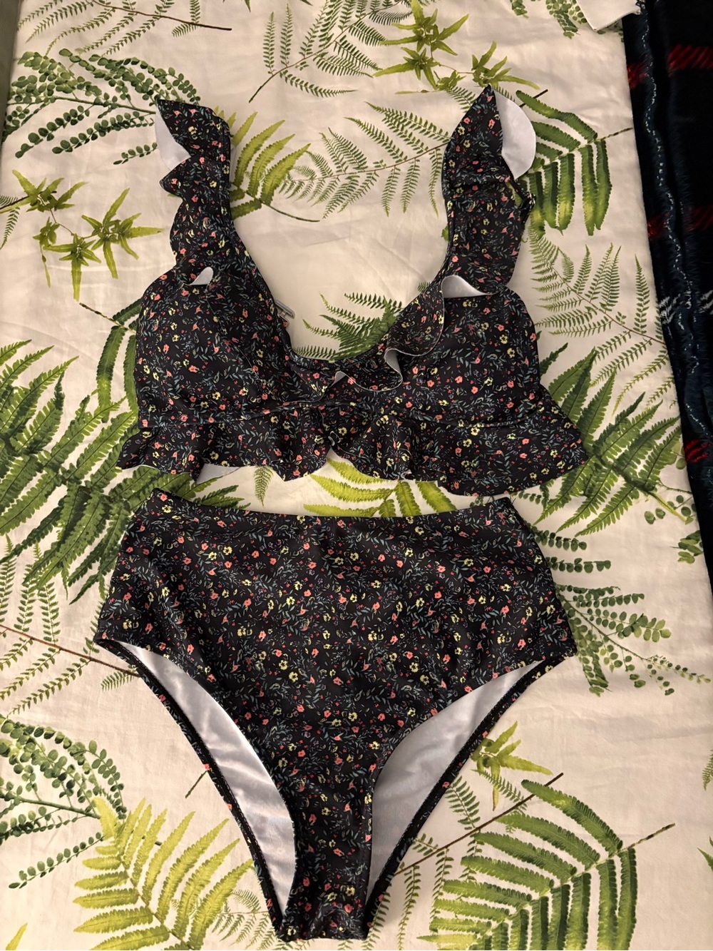 High-Waist Floral Ruffle Bikini Set in Black